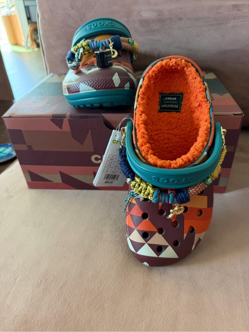CROCS Kids Fuzzy-Lined Clog in Teal, Orange & Burgundy